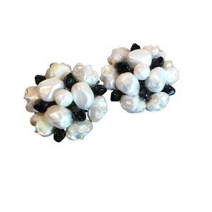 Cluster Earrings Clip On Vintage With Faux Pearls & Black Beads Grandmacore